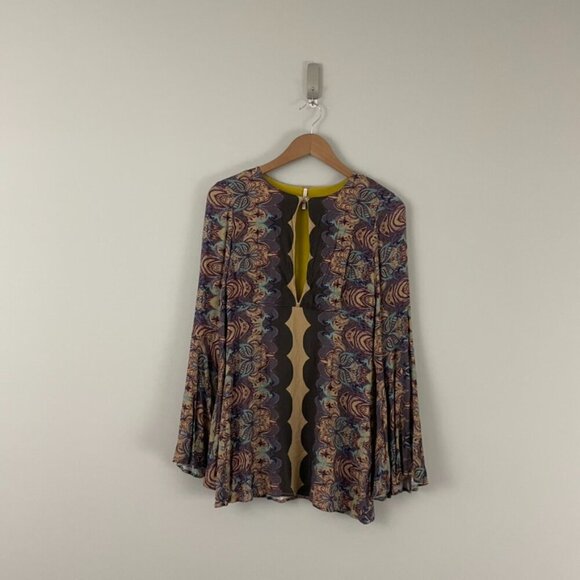 Free People Ossie Vibes Bell Sleeve Tunic Mini Dress in Gold Size XS - Picture 1 of 6